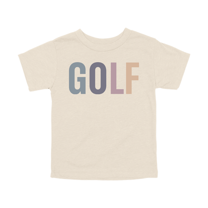 Golf design shown on Natural toddler Bella+Canvas T-shirt.