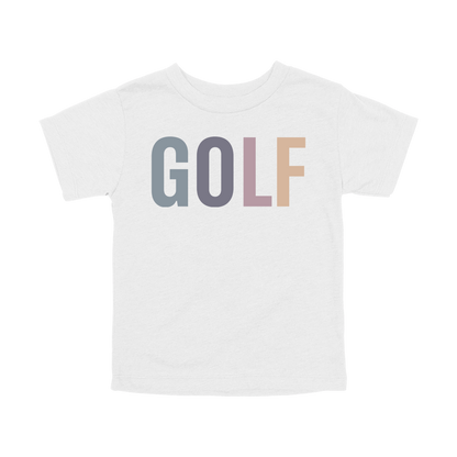 Golf design shown on White toddler Bella+Canvas T-shirt.
