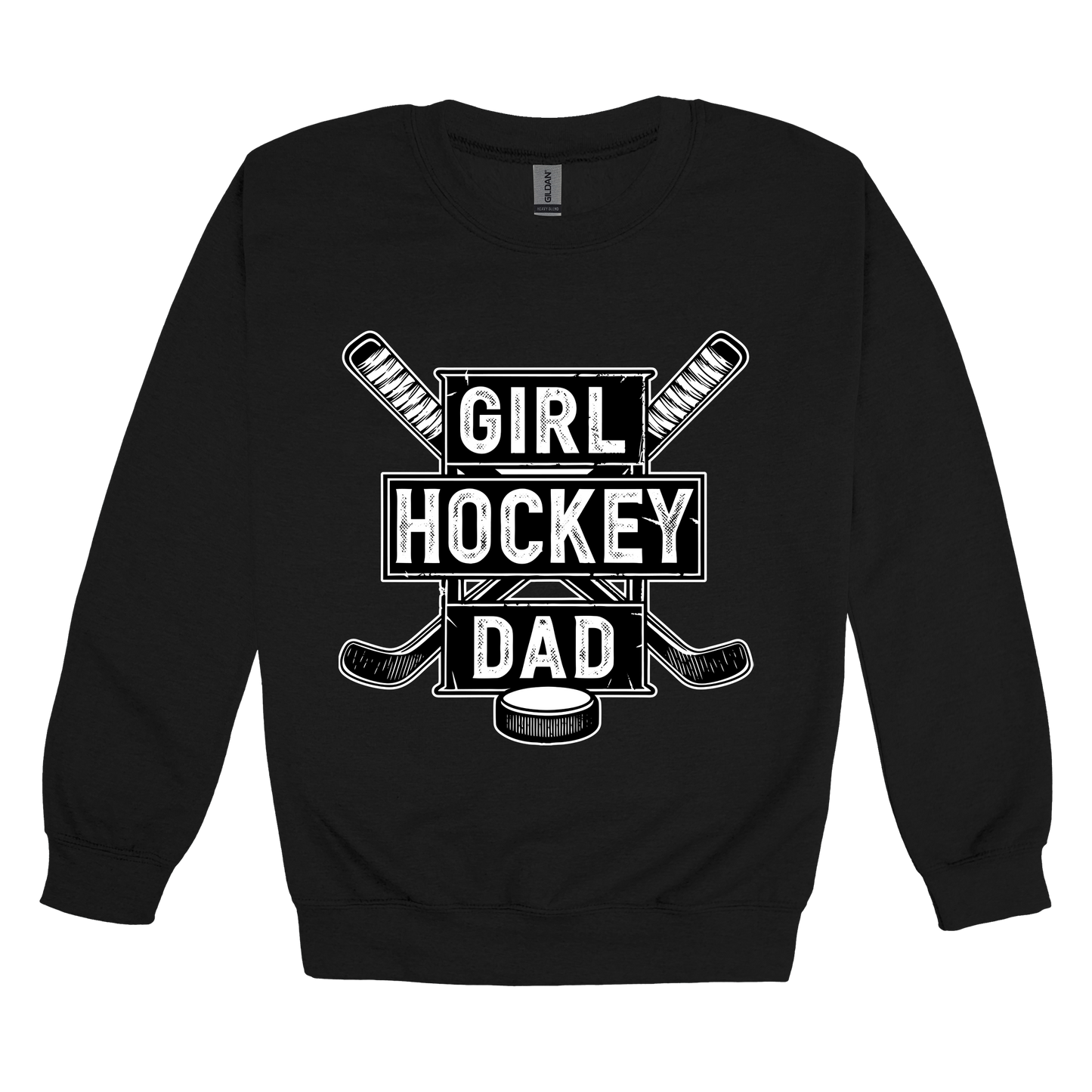 Girl Hockey Dad design shown on Black adult Gildan crewneck sweatshirt.