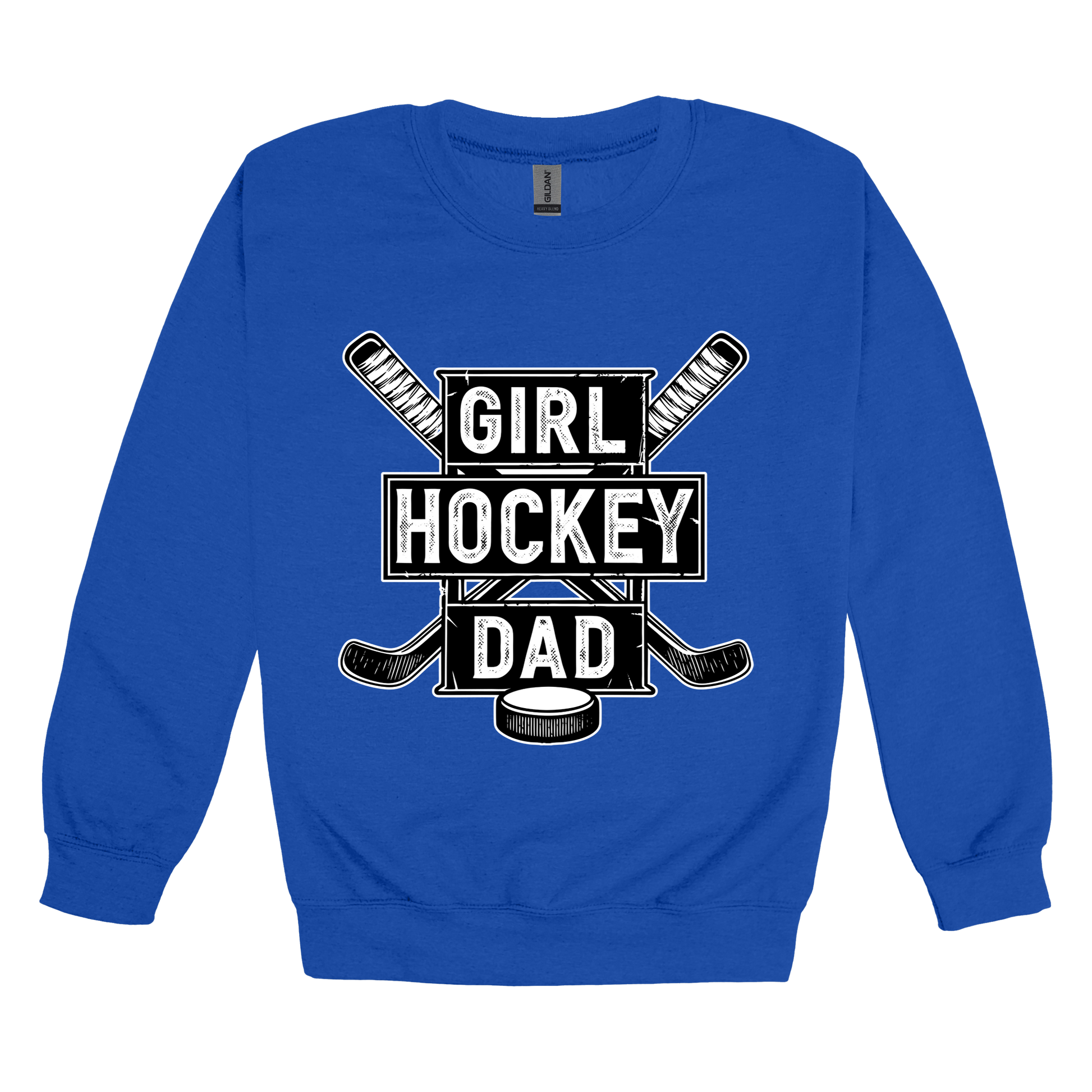 Girl Hockey Dad design shown on Royal adult Gildan crewneck sweatshirt.