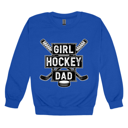 Girl Hockey Dad design shown on Royal adult Gildan crewneck sweatshirt.