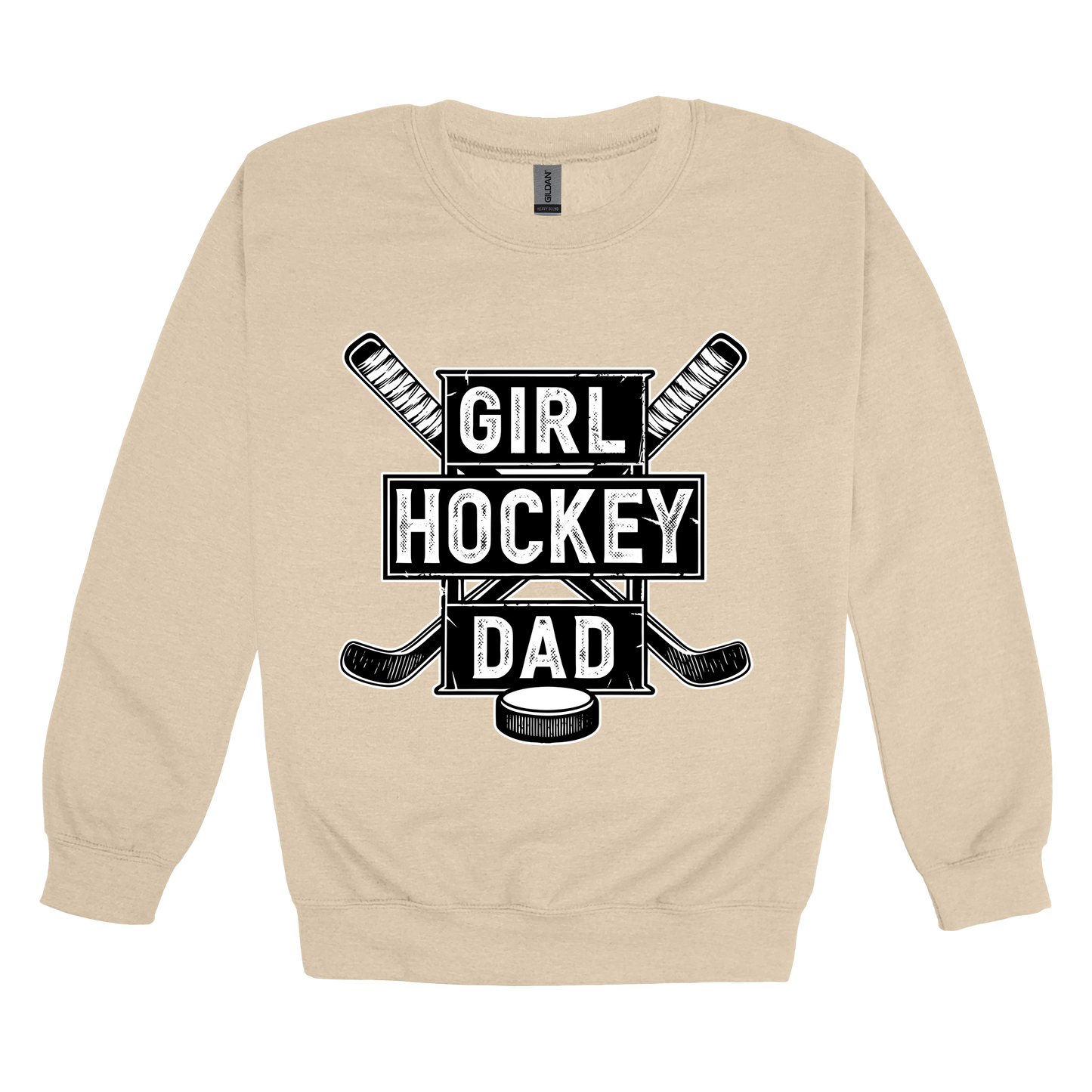 Girl Hockey Dad design shown on Sand adult Gildan crewneck sweatshirt.