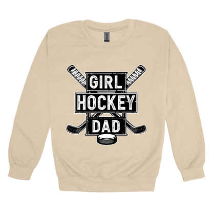 Girl Hockey Dad design shown on Sand adult Gildan crewneck sweatshirt.