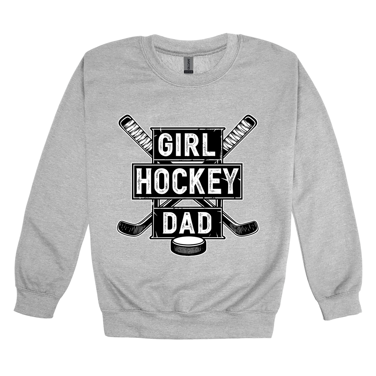 Girl Hockey Dad design shown on Sport Gray adult Gildan crewneck sweatshirt.