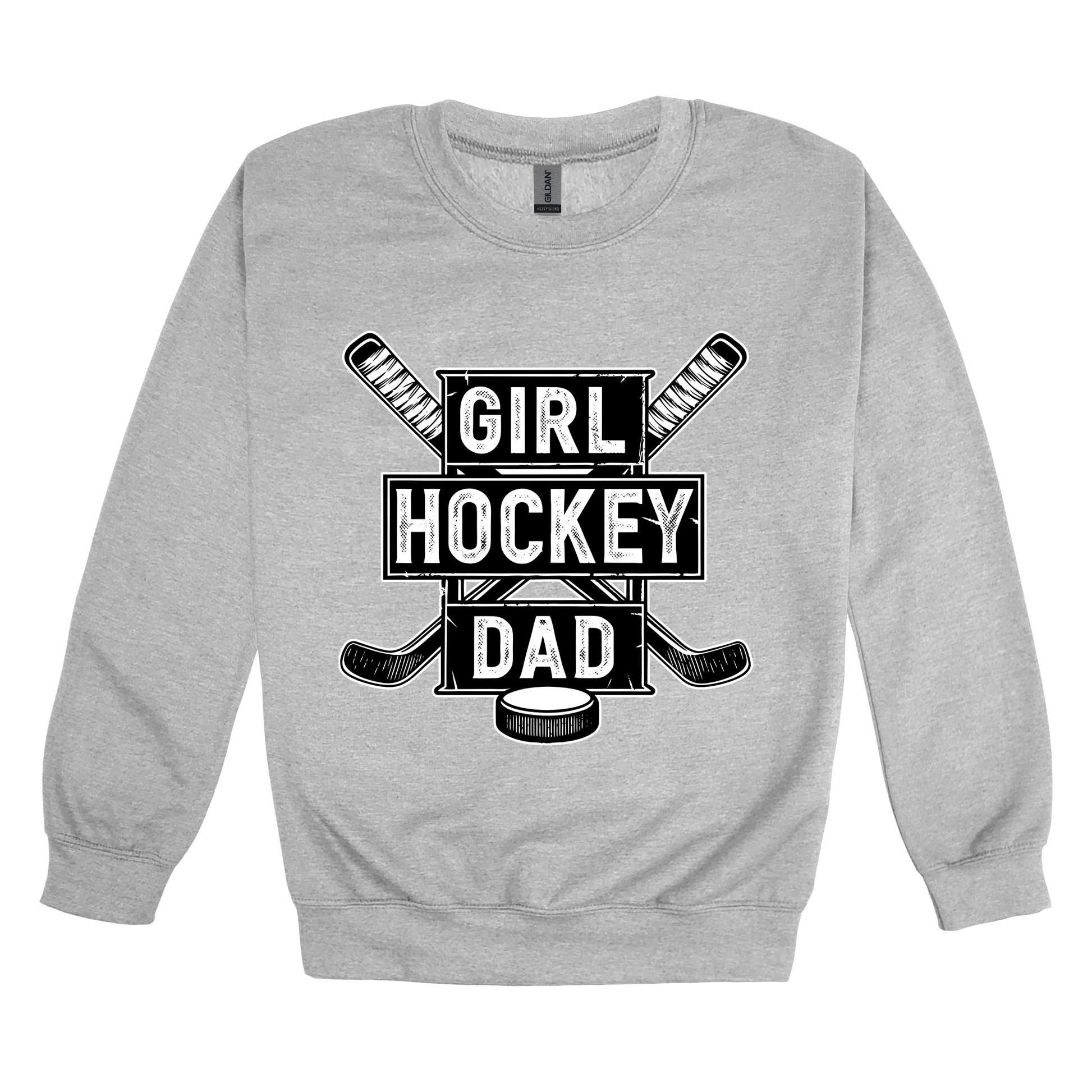Girl Hockey Dad design shown on Sport Gray adult Gildan crewneck sweatshirt.
