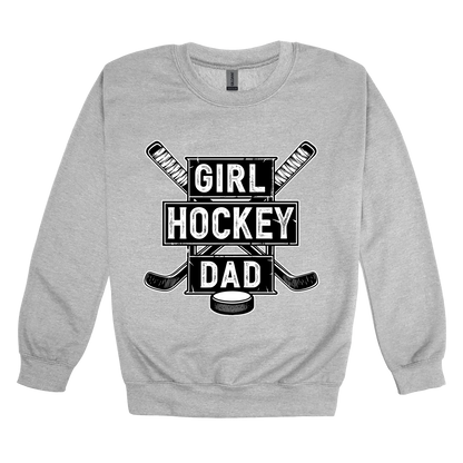 Girl Hockey Dad design shown on Sport Gray adult Gildan crewneck sweatshirt.