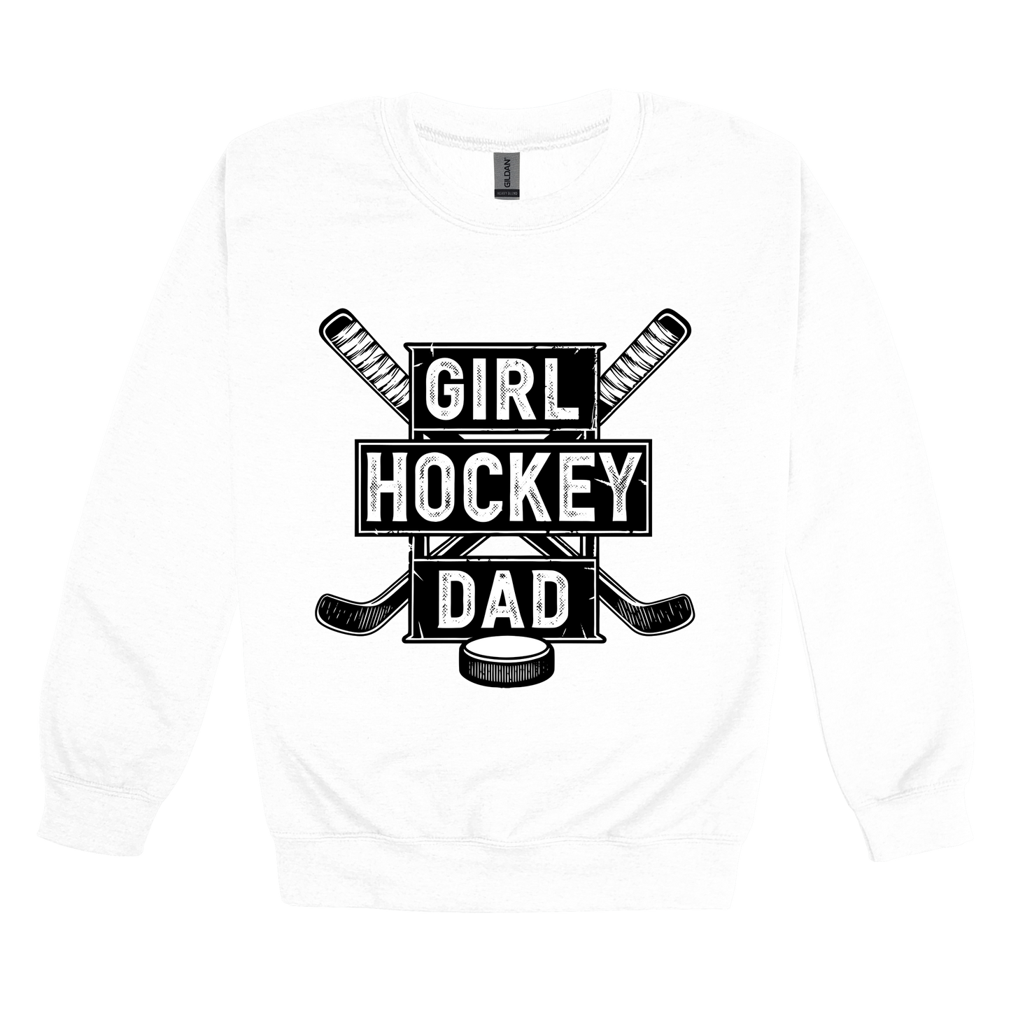 Girl Hockey Dad design shown on White adult Gildan crewneck sweatshirt.