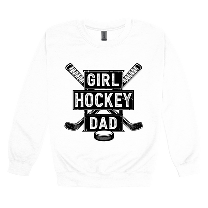 Girl Hockey Dad design shown on White adult Gildan crewneck sweatshirt.