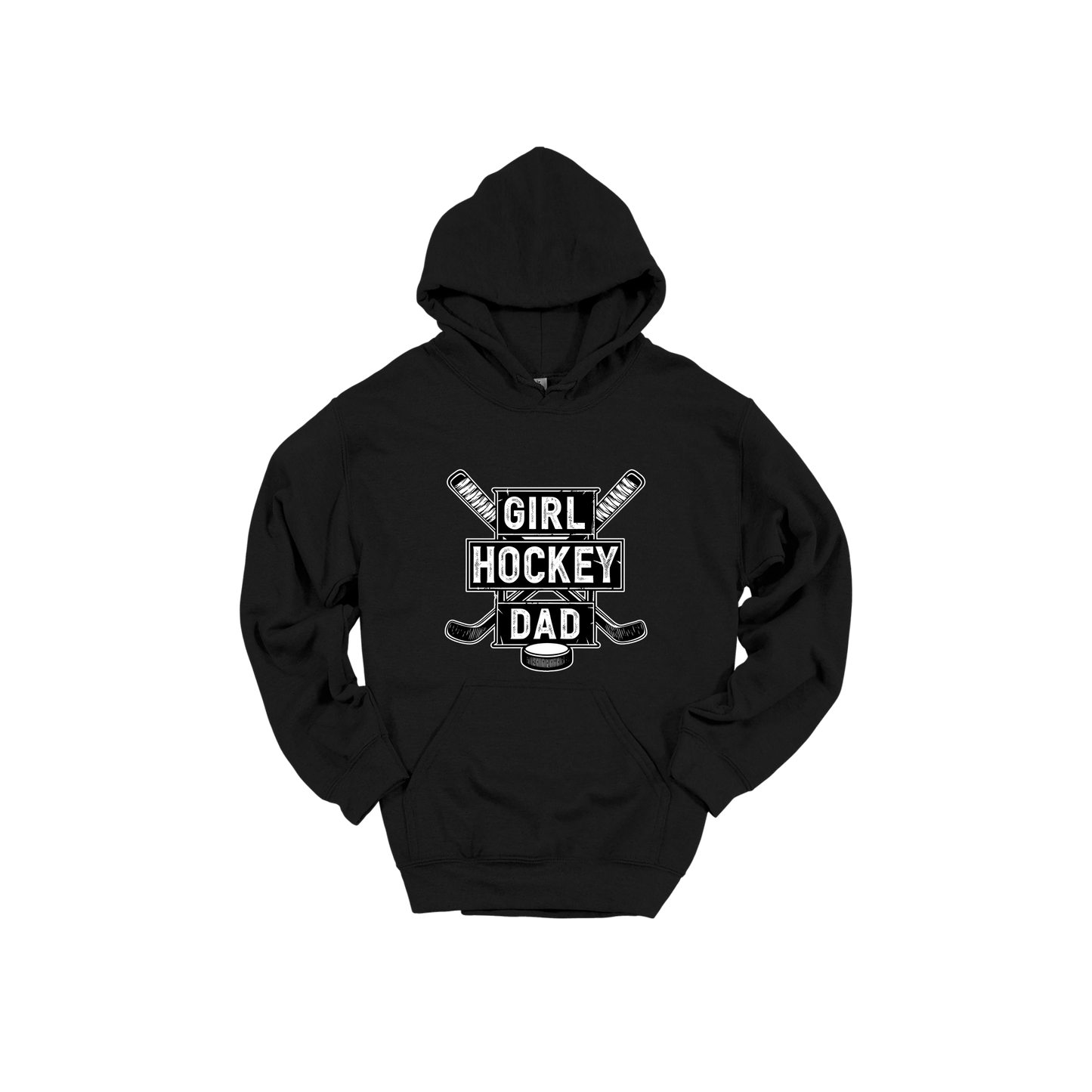 Girl Hockey Dad design shown on Black adult Gildan hoodie.