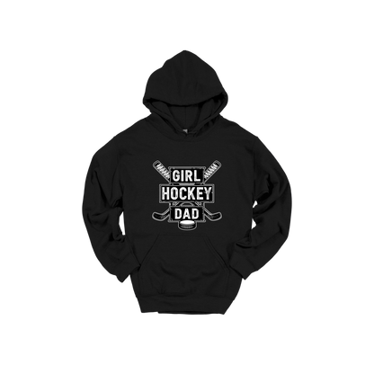 Girl Hockey Dad design shown on Black adult Gildan hoodie.