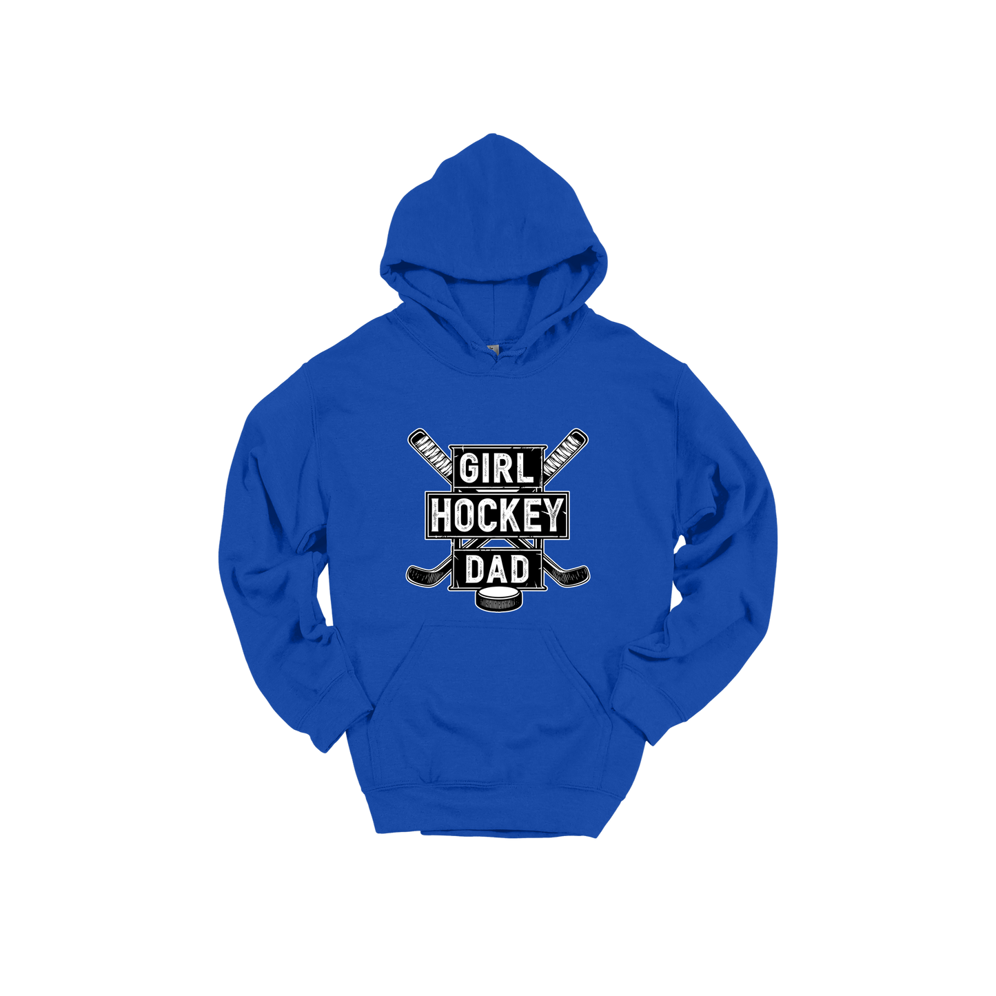 Girl Hockey Dad design shown on Royal Blue adult Gildan hoodie.