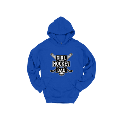 Girl Hockey Dad design shown on Royal Blue adult Gildan hoodie.