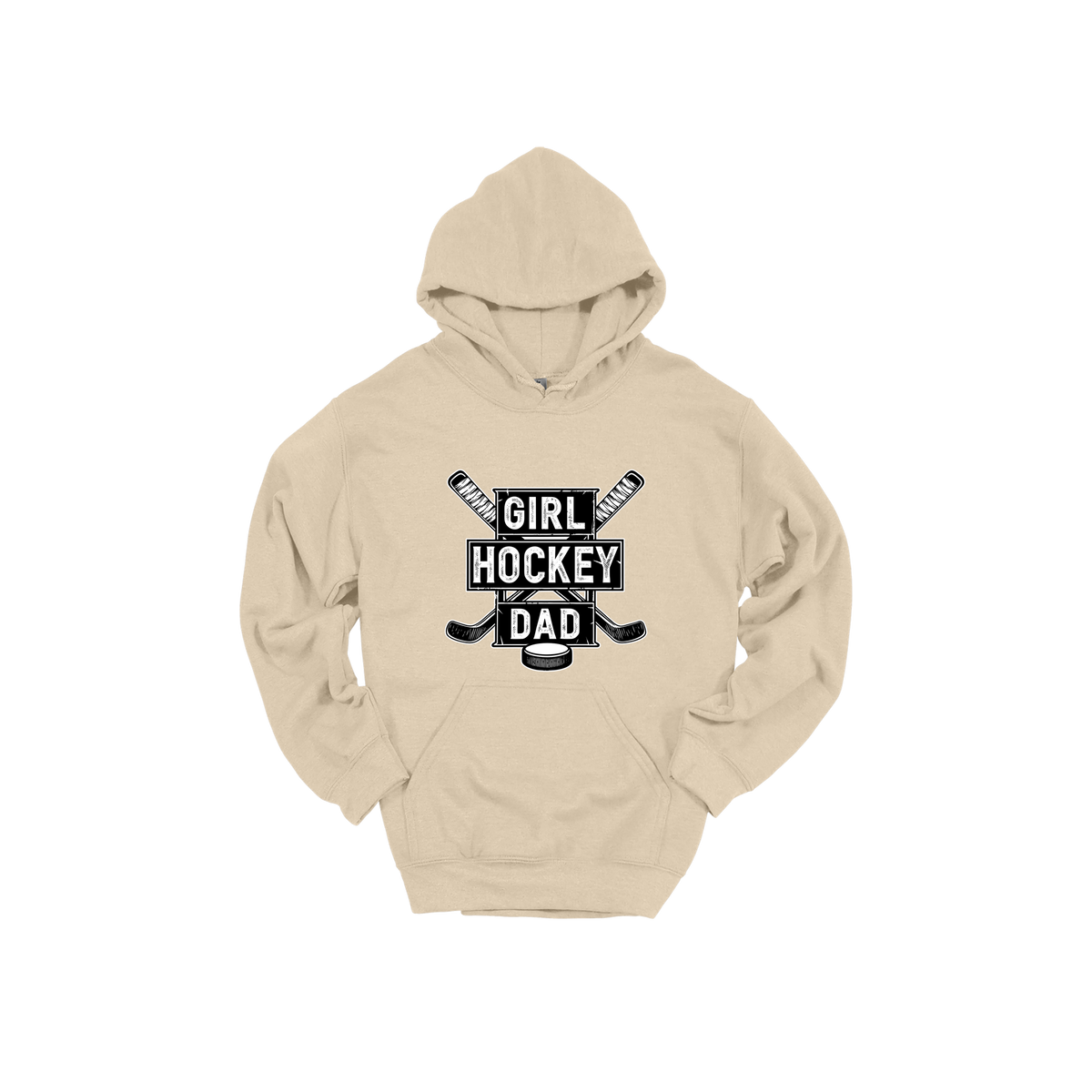 Girl Hockey Dad design shown on Sand adult Gildan hoodie.
