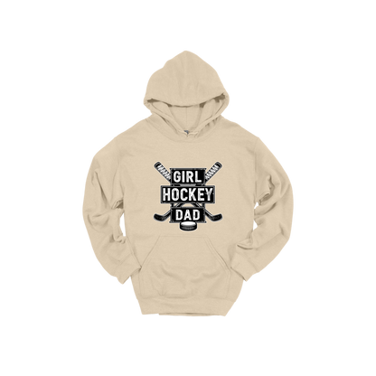 Girl Hockey Dad design shown on Sand adult Gildan hoodie.