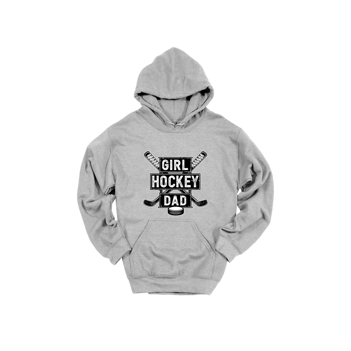 Girl Hockey Dad design shown on Sport Gray adult Gildan hoodie.