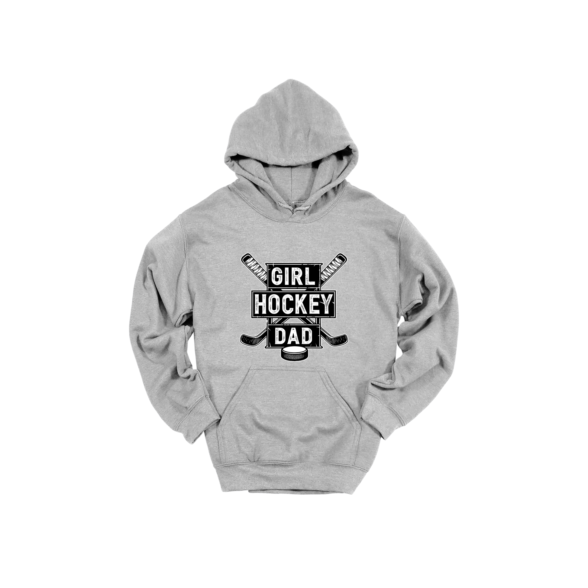Girl Hockey Dad design shown on Sport Gray adult Gildan hoodie.