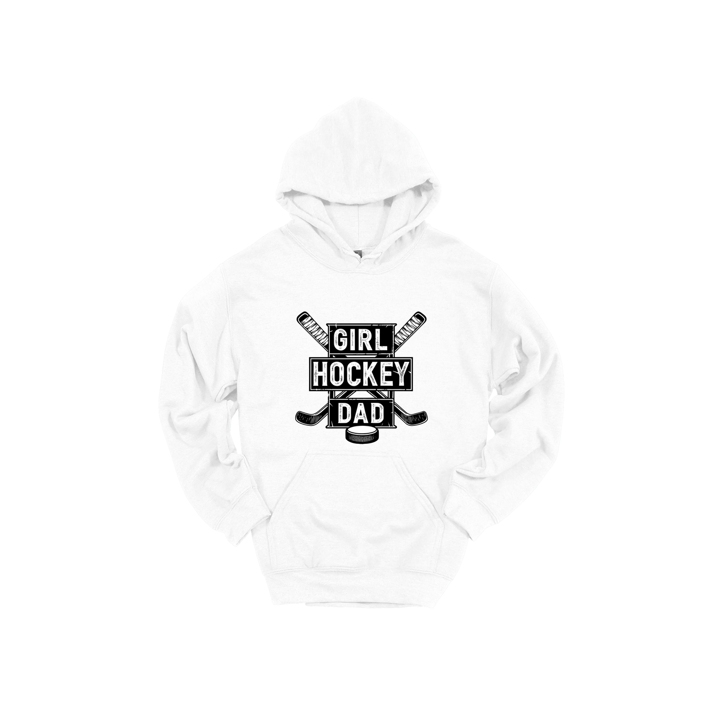 Girl Hockey Dad design shown on White adult Gildan hoodie.