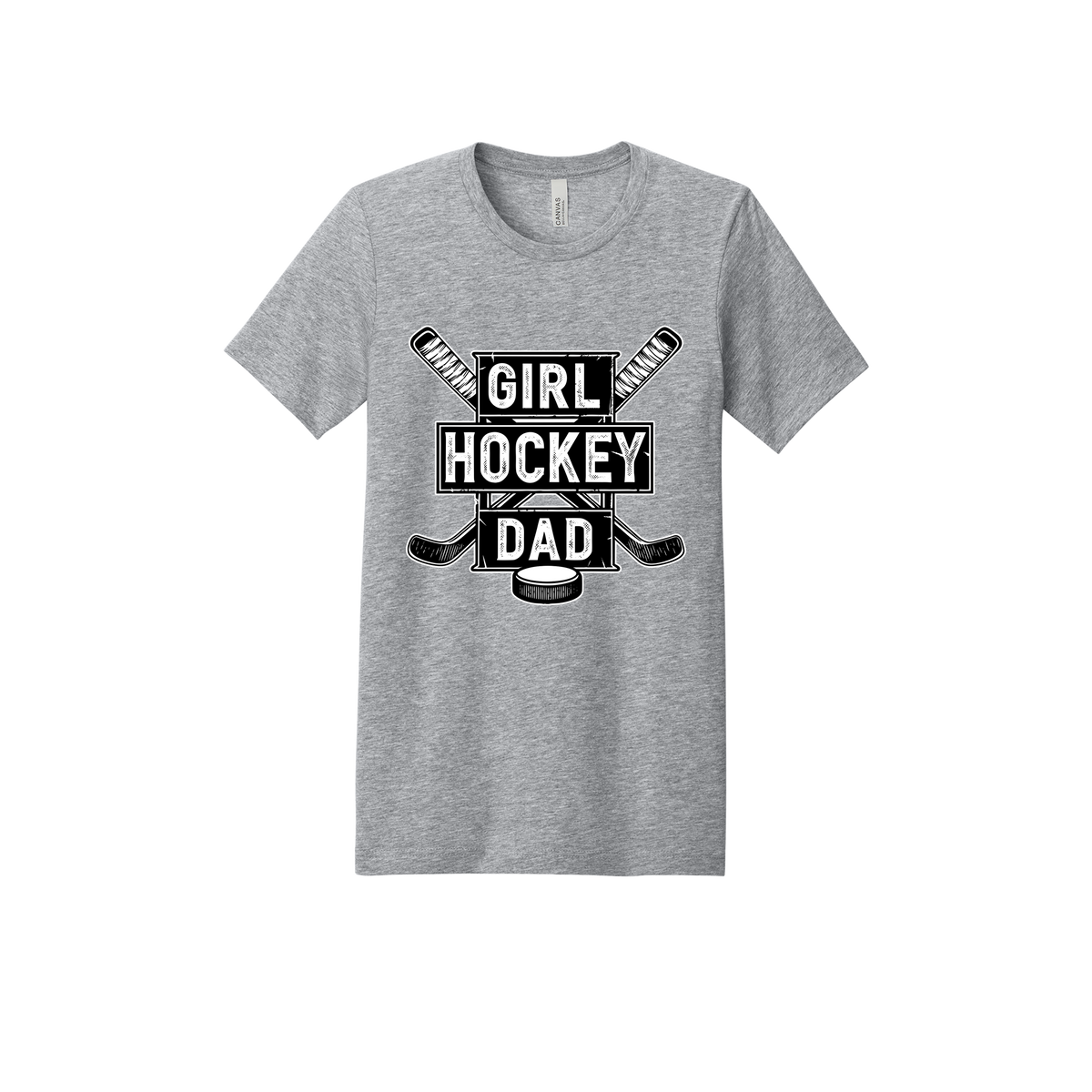 Girl Hockey Dad design shown on Heather Athletic Gray adult Bella+Canvas 3001 T-shirt.