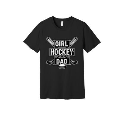 Girl Hockey Dad design shown on Black adult Bella+Canvas 3001 T-shirt.