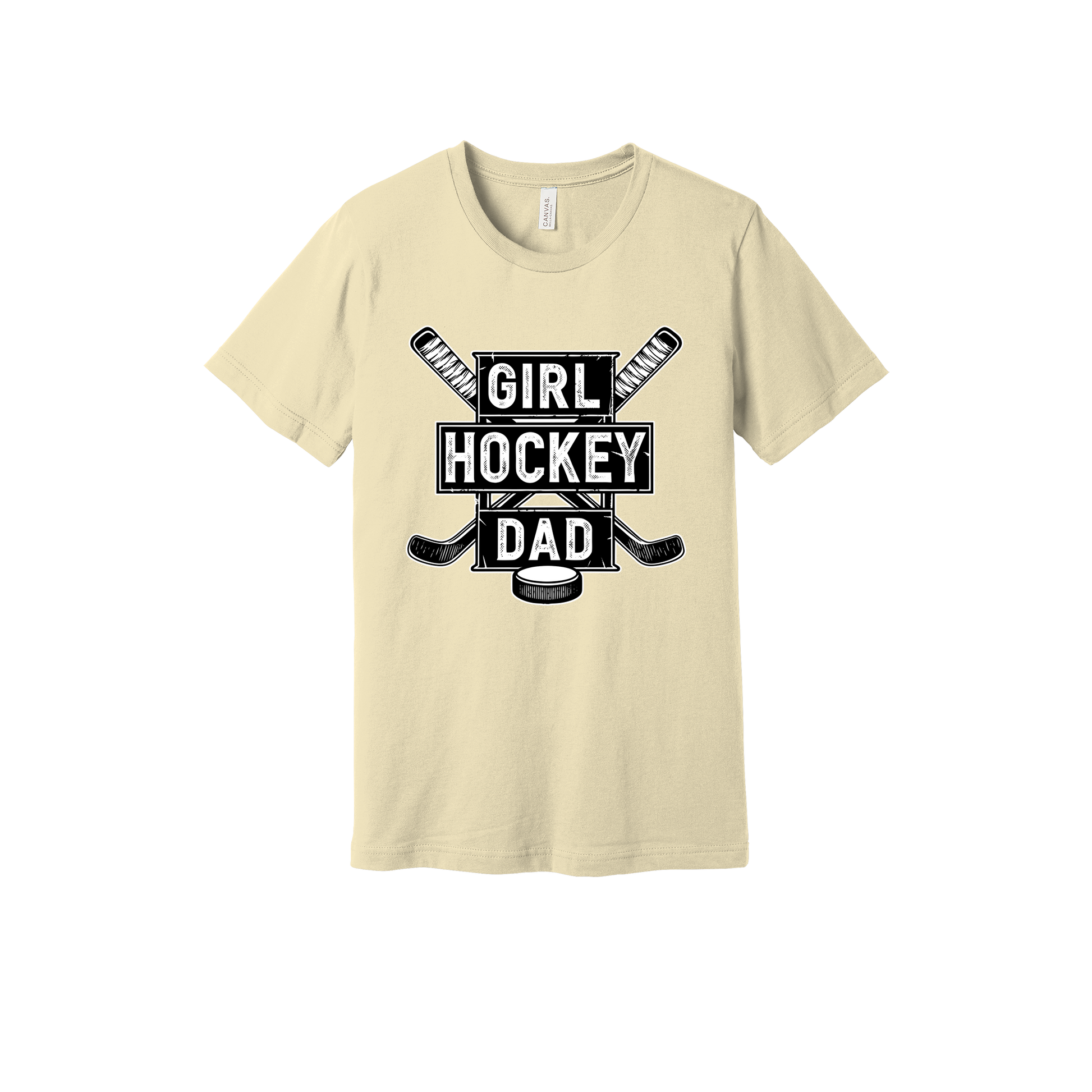 Girl Hockey Dad design shown on Natural adult Bella+Canvas 3001 T-shirt.