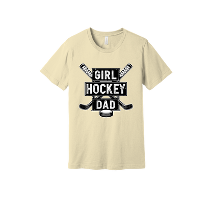 Girl Hockey Dad design shown on Natural adult Bella+Canvas 3001 T-shirt.