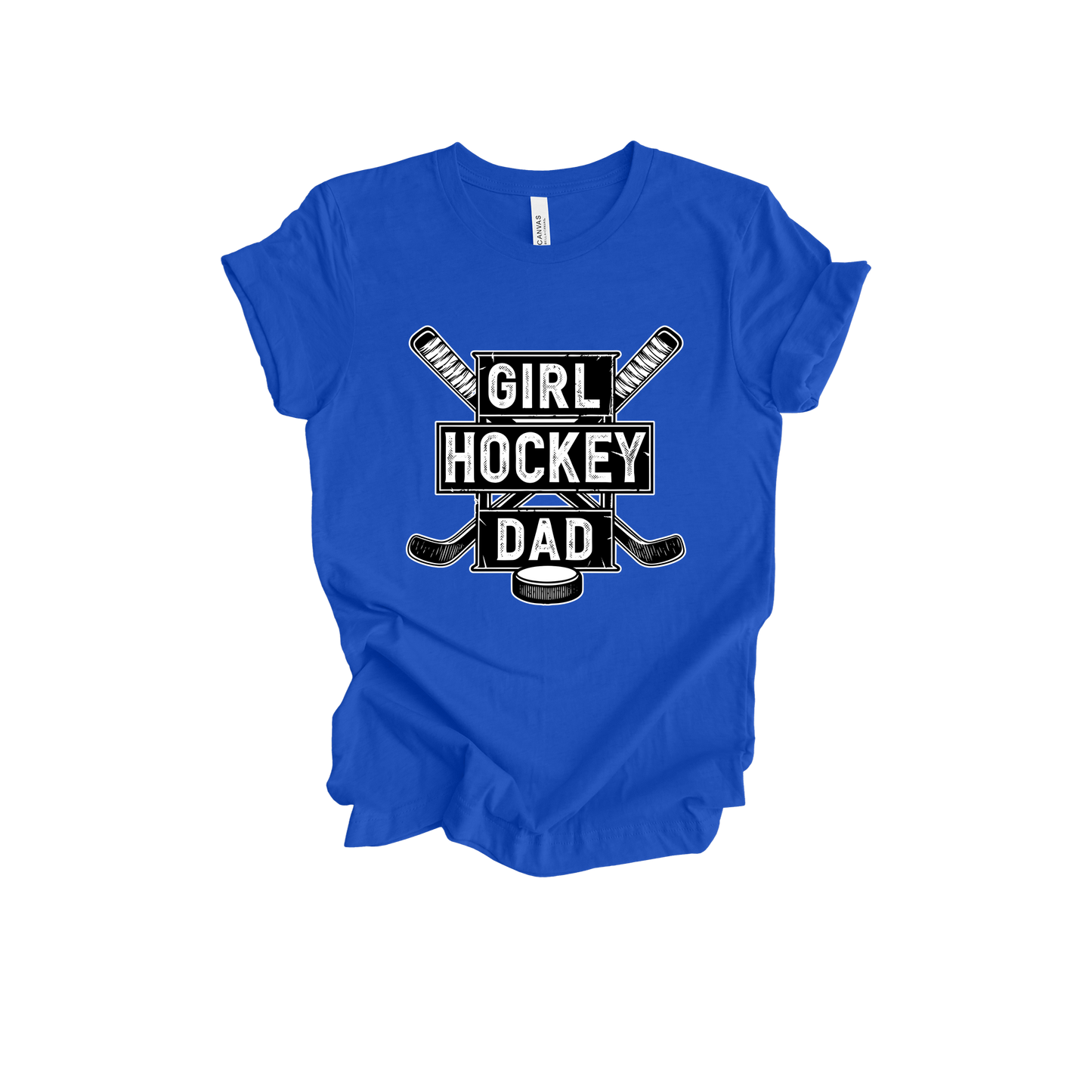 Girl Hockey Dad design shown on Royal Blue adult Bella+Canvas 3001 T-shirt.