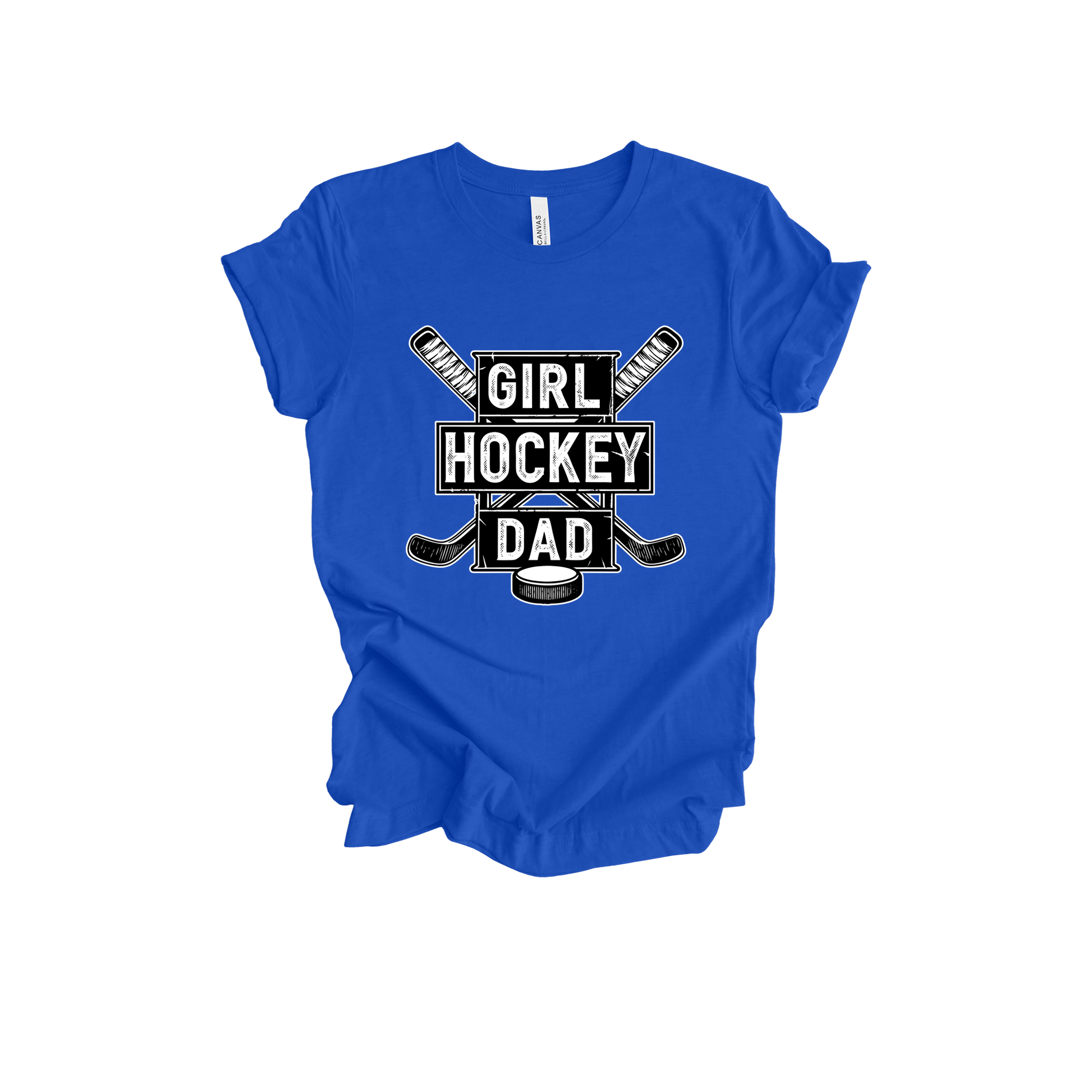 Girl Hockey Dad design shown on Royal Blue adult Bella+Canvas 3001 T-shirt.