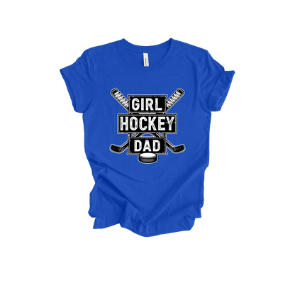 Girl Hockey Dad design shown on Royal Blue adult Bella+Canvas 3001 T-shirt.