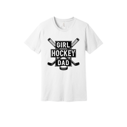 Girl Hockey Dad design shown on White adult Bella+Canvas 3001 T-shirt.