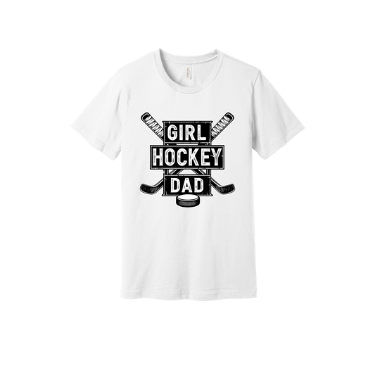 Girl Hockey Dad design shown on White adult Bella+Canvas 3001 T-shirt.