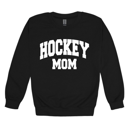 Hockey Mom design shown on Black adult Gildan crewneck sweatshirt.