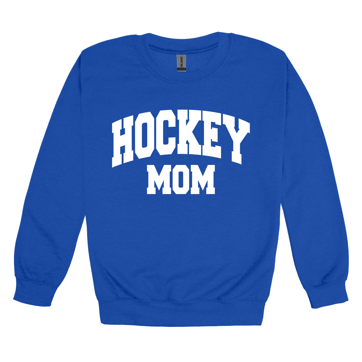 Hockey Mom design shown on Royal adult Gildan crewneck sweatshirt.