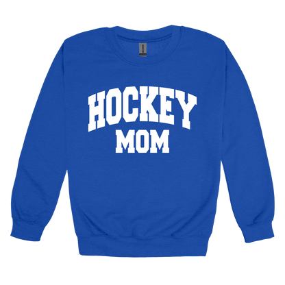 Hockey Mom design shown on Royal adult Gildan crewneck sweatshirt.