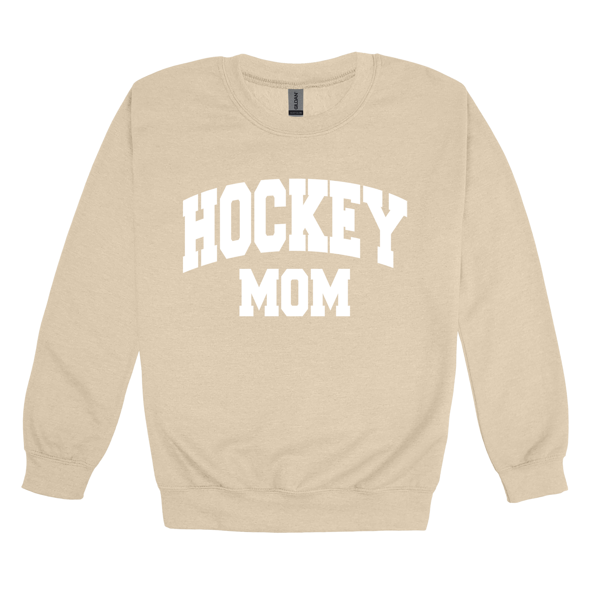 Hockey Mom design shown on Sand adult Gildan crewneck sweatshirt.