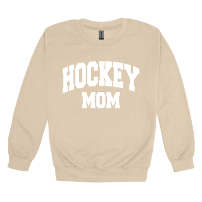 Hockey Mom design shown on Sand adult Gildan crewneck sweatshirt.