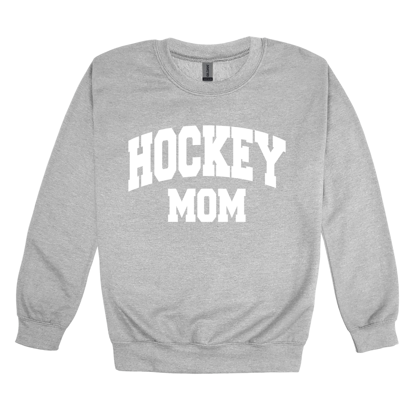 Hockey Mom design shown on Sport Gray adult Gildan crewneck sweatshirt.