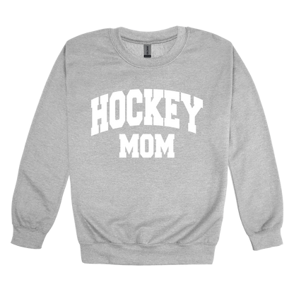 Hockey Mom design shown on Sport Gray adult Gildan crewneck sweatshirt.