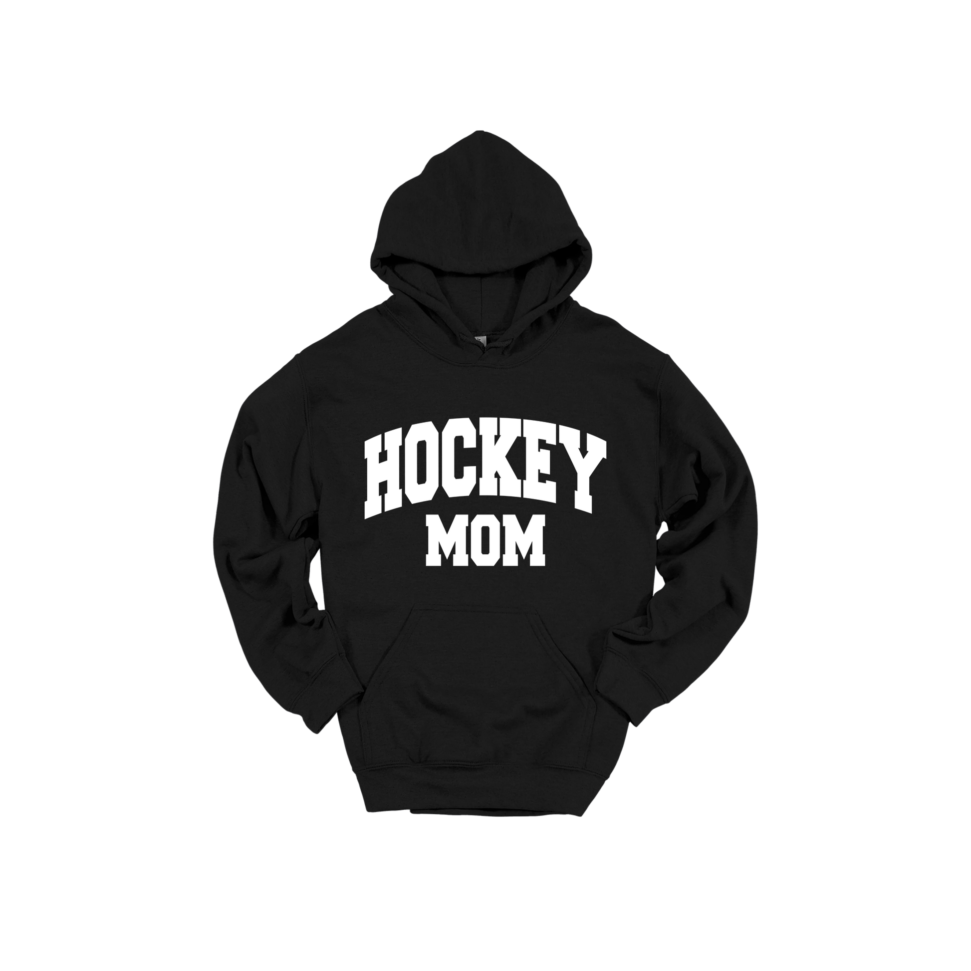 Hockey Mom design shown on Black adult Gildan hoodie.