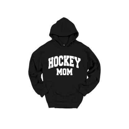 Hockey Mom design shown on Black adult Gildan hoodie.