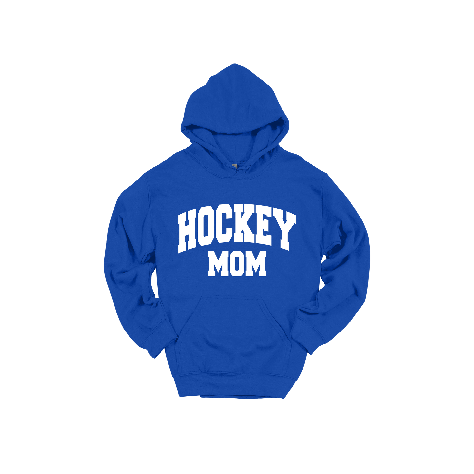 Hockey Mom design shown on Royal Blue adult Gildan hoodie.