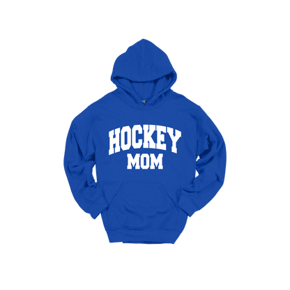 Hockey Mom design shown on Royal Blue adult Gildan hoodie.