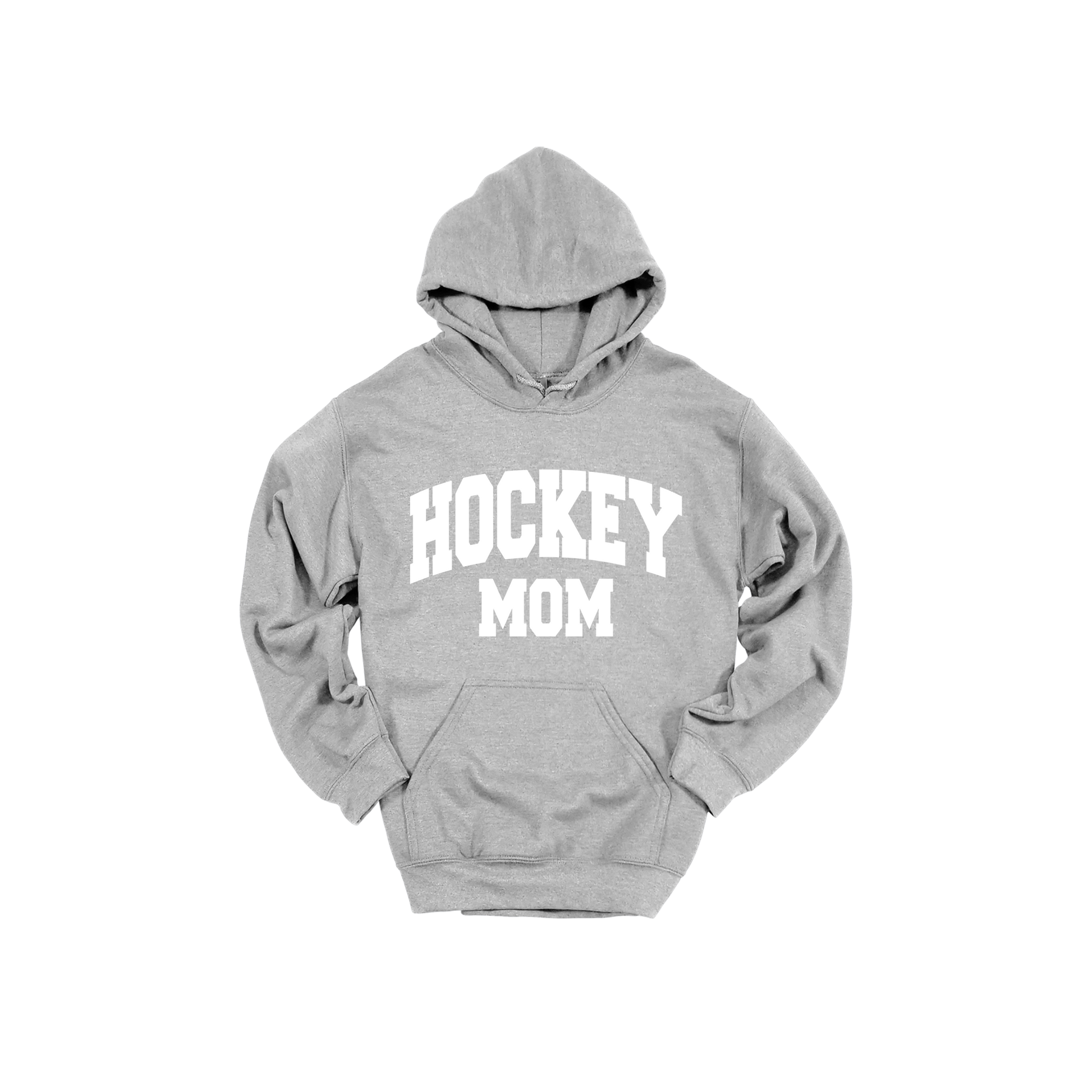 Hockey Mom design shown on Sport Gray adult Gildan hoodie.