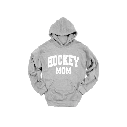Hockey Mom design shown on Sport Gray adult Gildan hoodie.