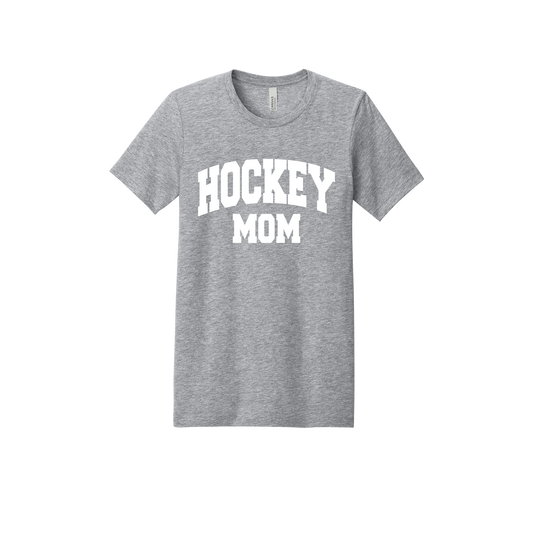 Hockey Mom design shown on Heather Athletic Gray adult Bella+Canvas 3001 T-shirt.