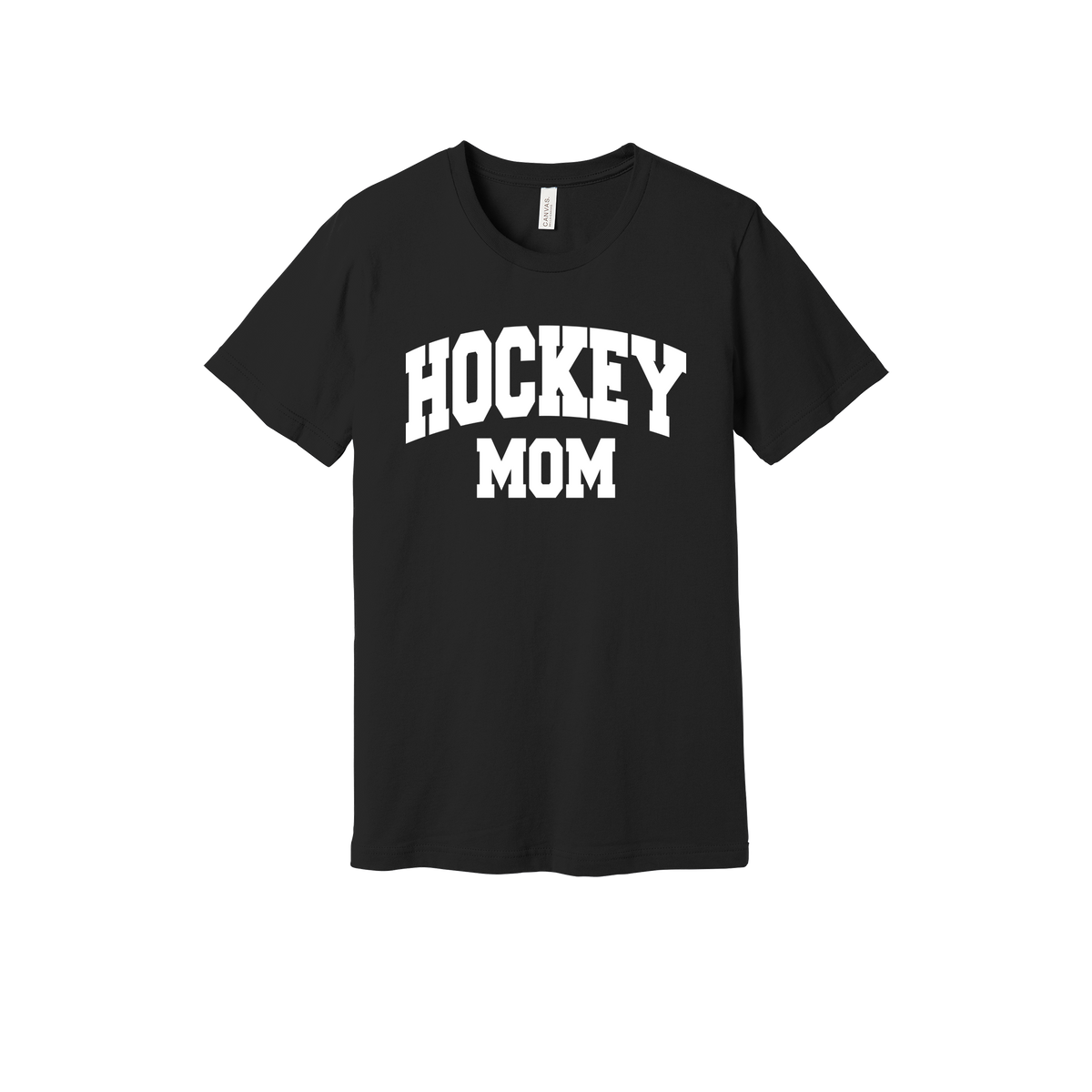 Hockey Mom design shown on Black adult Bella+Canvas 3001 T-shirt.