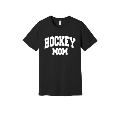 Hockey Mom design shown on Black adult Bella+Canvas 3001 T-shirt.