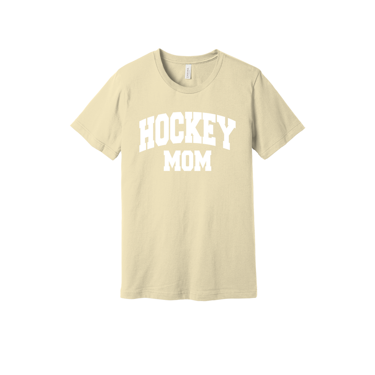 Hockey Mom design shown on Natural adult Bella+Canvas 3001 T-shirt.