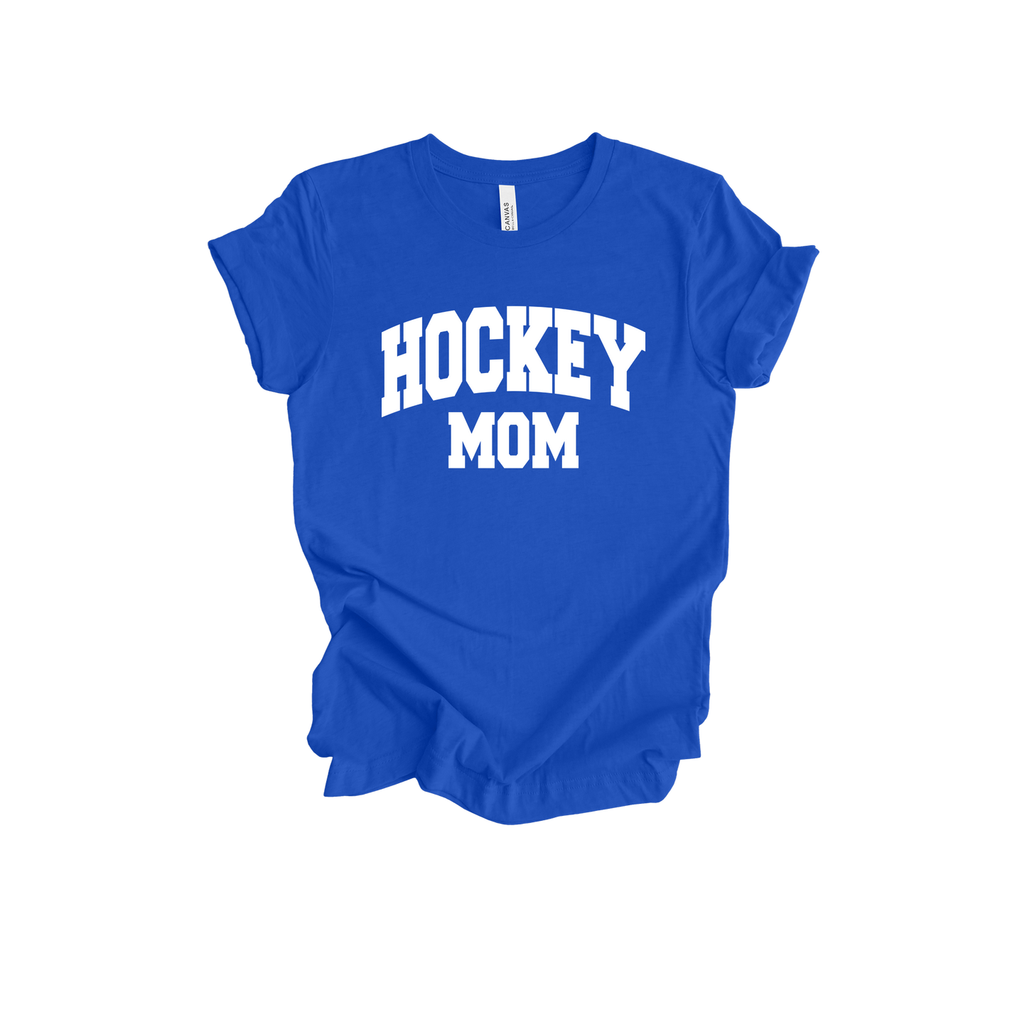 Hockey Mom design shown on Royal Blue adult Bella+Canvas 3001 T-shirt.