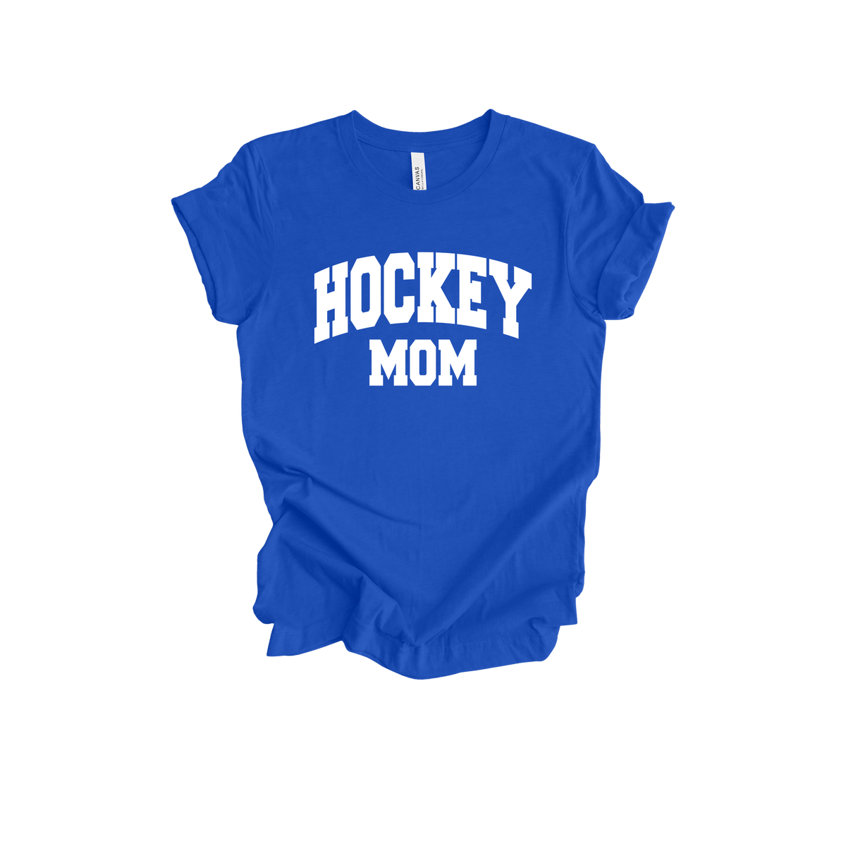 Hockey Mom design shown on Royal Blue adult Bella+Canvas 3001 T-shirt.