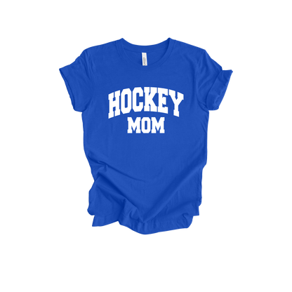 Hockey Mom design shown on Royal Blue adult Bella+Canvas 3001 T-shirt.